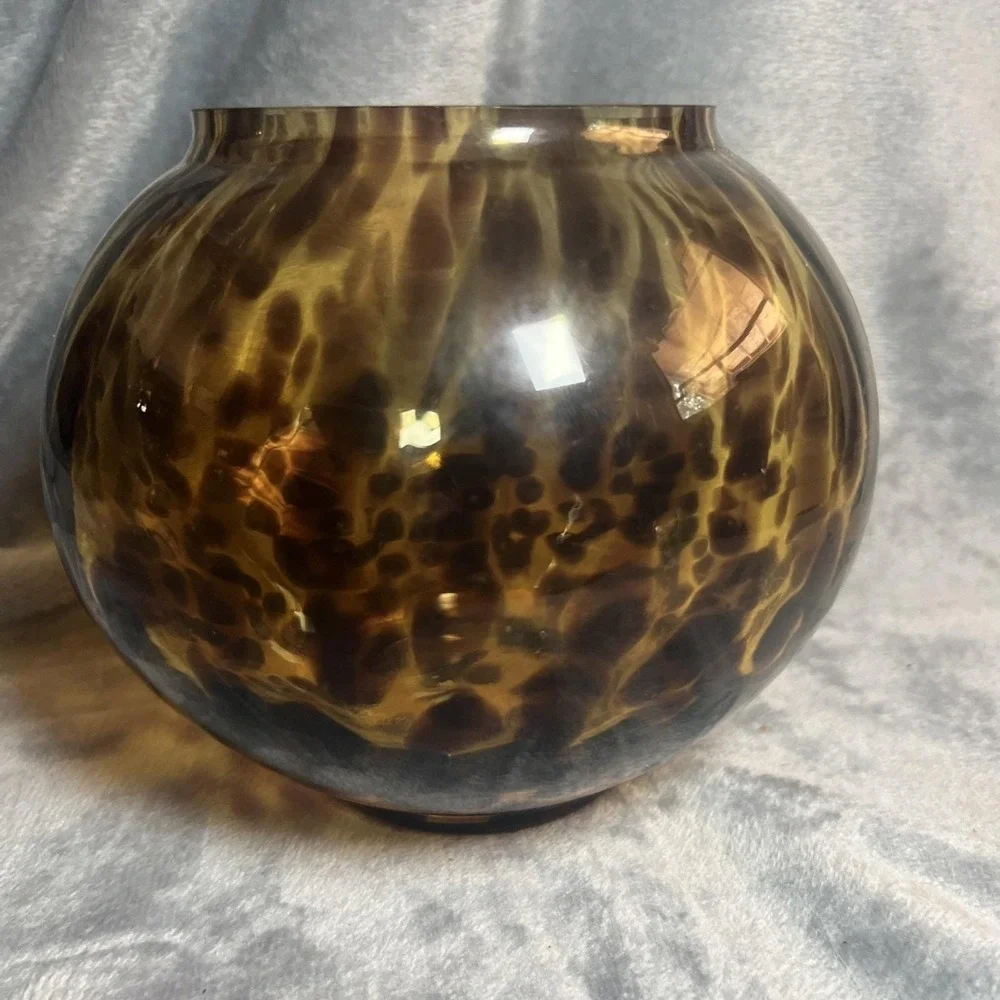 Tortoise Shell Glass Vase Amber Brown Fishbowl Leopard Spots MCM 7in